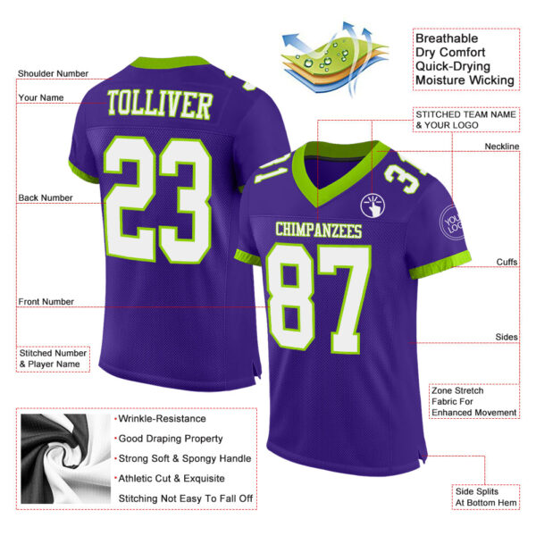 Custom Purple White-Neon Green Mesh Authentic Football Jersey - Image 3