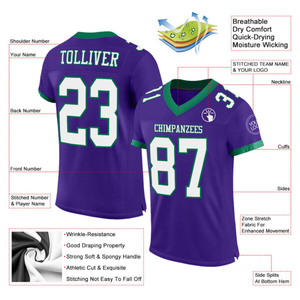 Custom Purple White-Kelly Green Mesh Authentic Football Jersey - Image 2