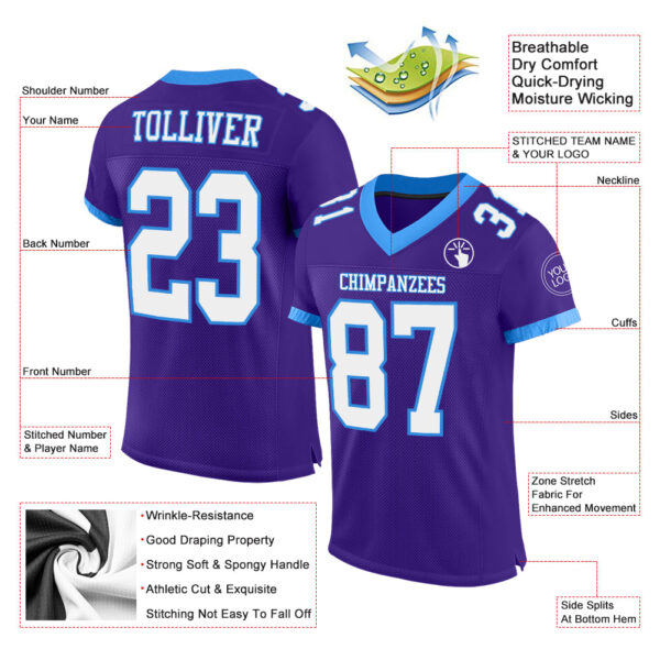 Custom Purple White-Powder Blue Mesh Authentic Football Jersey - Image 2