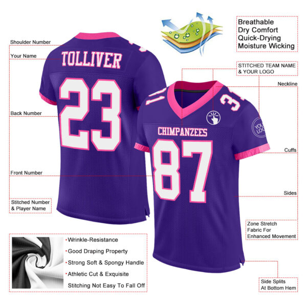 Custom Purple White-Pink Mesh Authentic Football Jersey - Image 2