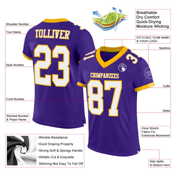 Custom Purple White-Gold Mesh Authentic Football Jersey - Image 3
