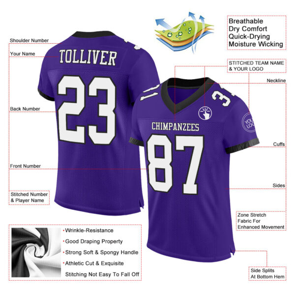 Custom Purple White-Black Mesh Authentic Football Jersey - Image 2