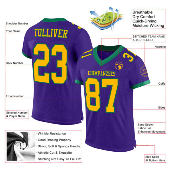 Custom Purple Gold-Kelly Green Mesh Authentic Football Jersey - Image 3