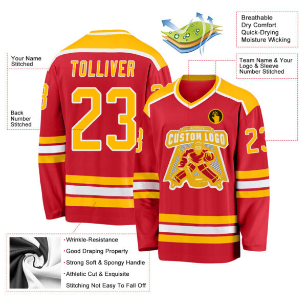 Custom Red Gold-White Hockey Jersey - Image 3