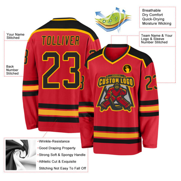 Custom Red Black-Gold Hockey Jersey - Image 3