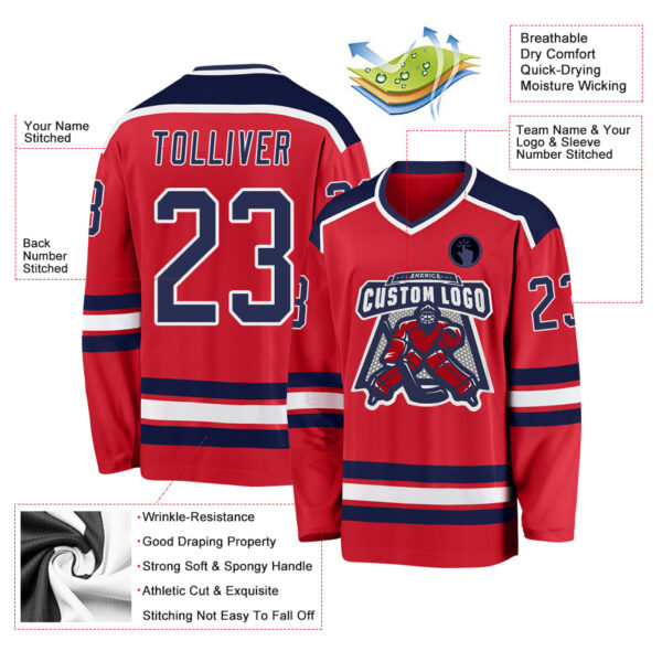 Custom Red Navy-White Hockey Jersey - Image 3