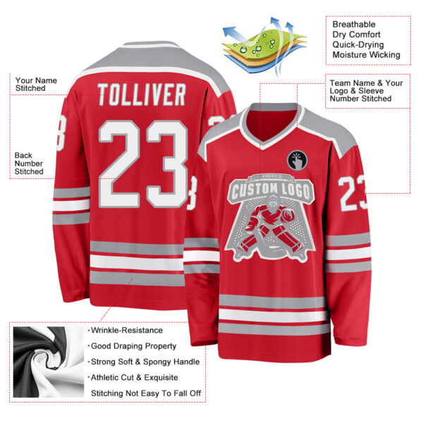 Custom Red White-Gray Hockey Jersey - Image 3