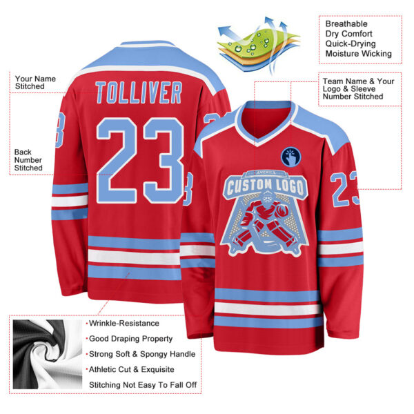 Custom Red Light Blue-White Hockey Jersey - Image 3