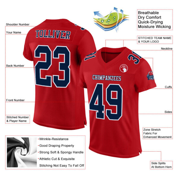 Custom Red Navy-White Mesh Authentic Football Jersey - Image 2