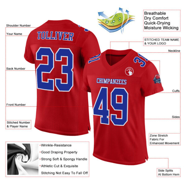 Custom Red Royal-White Mesh Authentic Football Jersey - Image 2