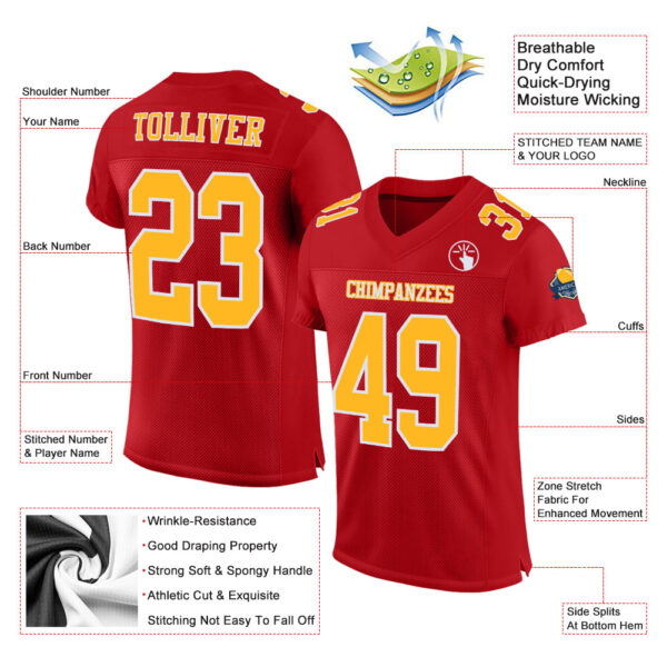 Custom Red Gold-White Mesh Authentic Football Jersey - Image 2