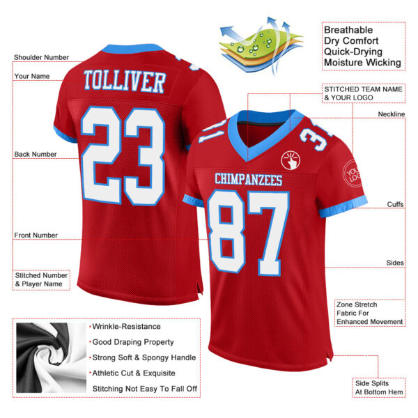 Custom Red White-Powder Blue Mesh Authentic Football Jersey - Image 2