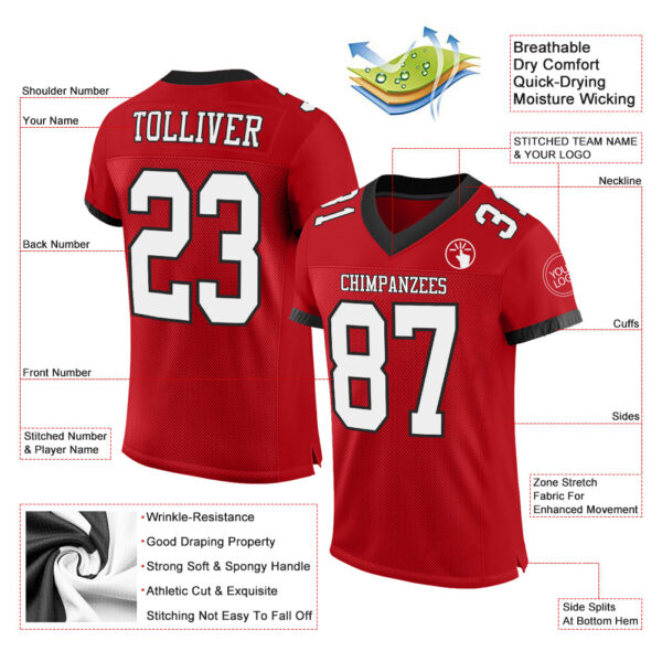 Custom Red White-Black Mesh Authentic Football Jersey - Image 2