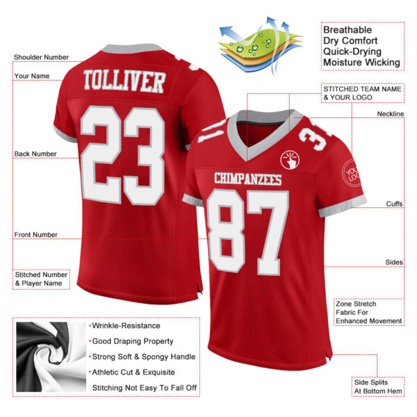 Custom Red White-Gray Mesh Authentic Football Jersey - Image 2