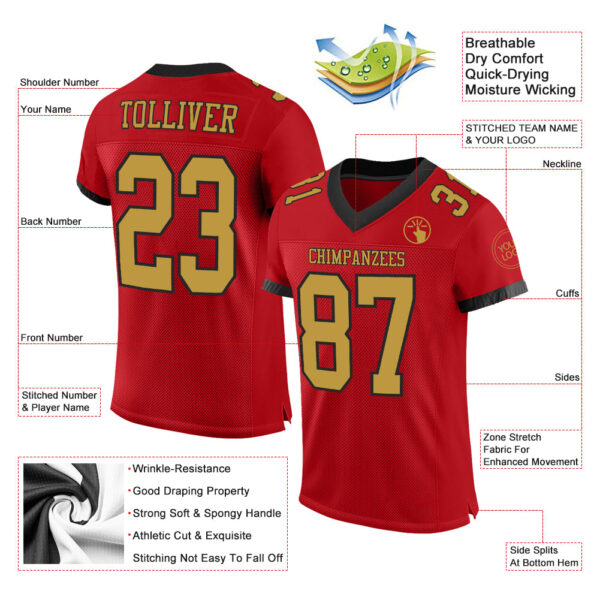Custom Red Old Gold-Black Mesh Authentic Football Jersey - Image 2