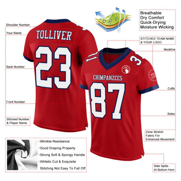 Custom Red White-Navy Mesh Authentic Football Jersey - Image 2