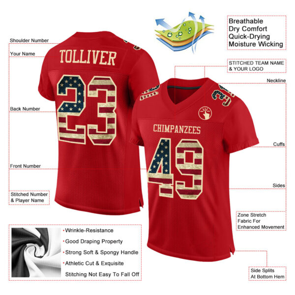 Custom Red Vintage USA Flag-City Cream Mesh Authentic Football Jersey - Image 2