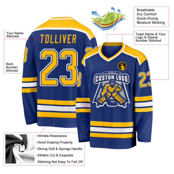 Custom Royal Gold-White Hockey Jersey - Image 3