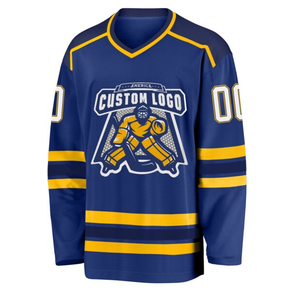 Custom Royal White Navy-Gold Hockey Jersey - Image 2
