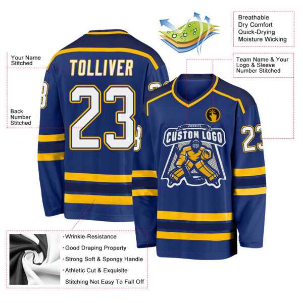 Custom Royal White Navy-Gold Hockey Jersey - Image 3