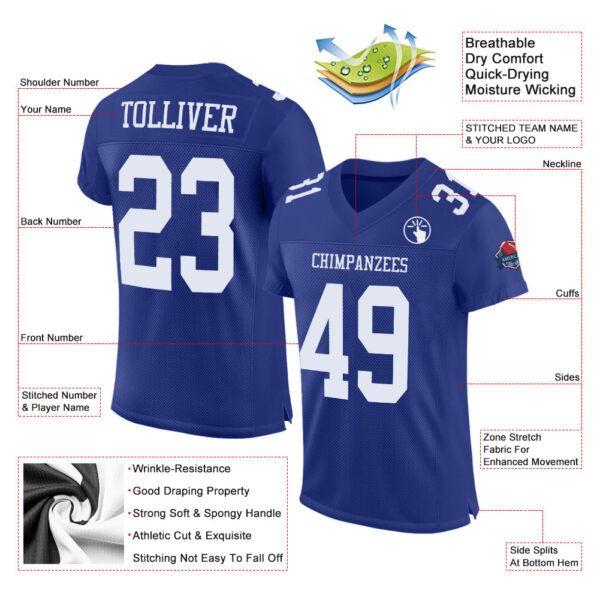 Custom Royal White Mesh Authentic Football Jersey - Image 2