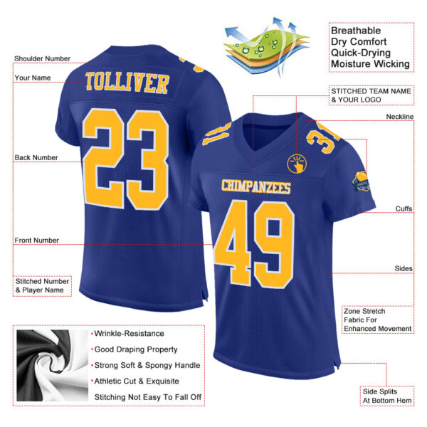 Custom Royal Gold-White Mesh Authentic Football Jersey - Image 2