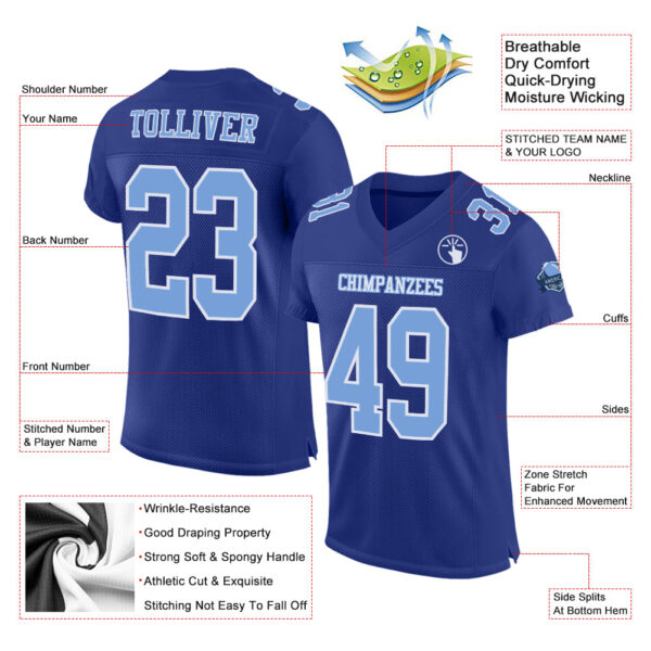 Custom Royal Light Blue-White Mesh Authentic Football Jersey - Image 2