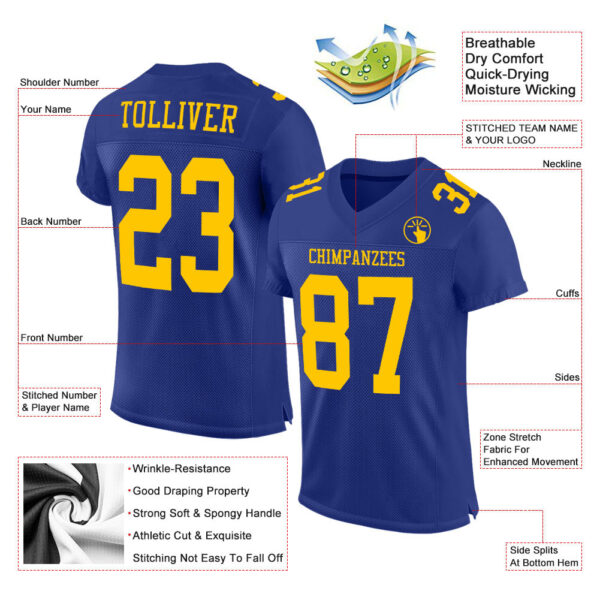Custom Royal Gold Mesh Authentic Football Jersey - Image 2