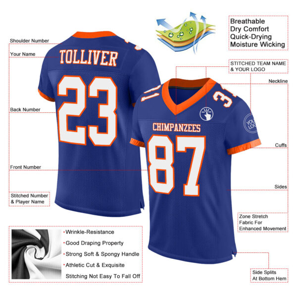 Custom Royal White-Orange Mesh Authentic Football Jersey - Image 2
