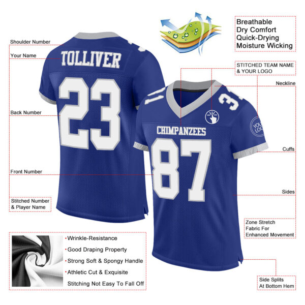 Custom Royal White-Gray Mesh Authentic Football Jersey - Image 2