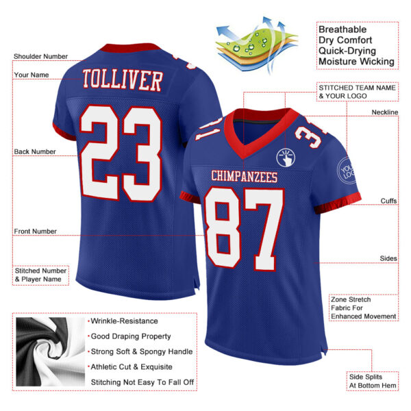 Custom Royal White-Red Mesh Authentic Football Jersey - Image 2