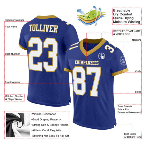 Custom Royal White-Old Gold Mesh Authentic Football Jersey - Image 2