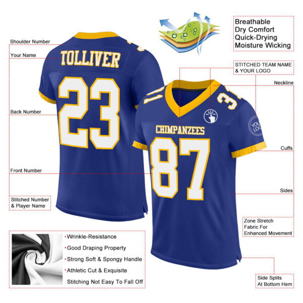 Custom Royal White-Gold Mesh Authentic Football Jersey - Image 3
