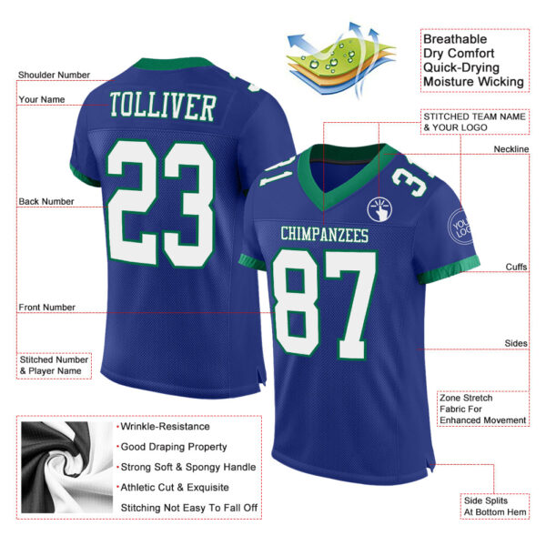 Custom Royal White-Kelly Green Mesh Authentic Football Jersey - Image 2