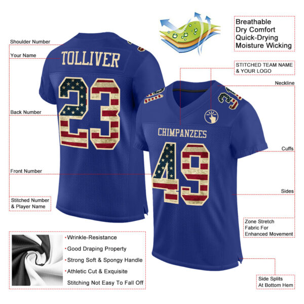 Custom Royal Vintage USA Flag-City Cream Mesh Authentic Football Jersey - Image 2