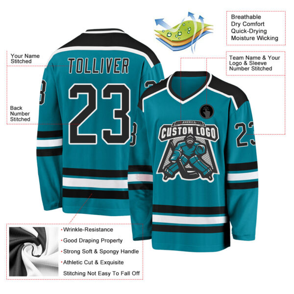 Custom Teal Black-White Hockey Jersey - Image 3