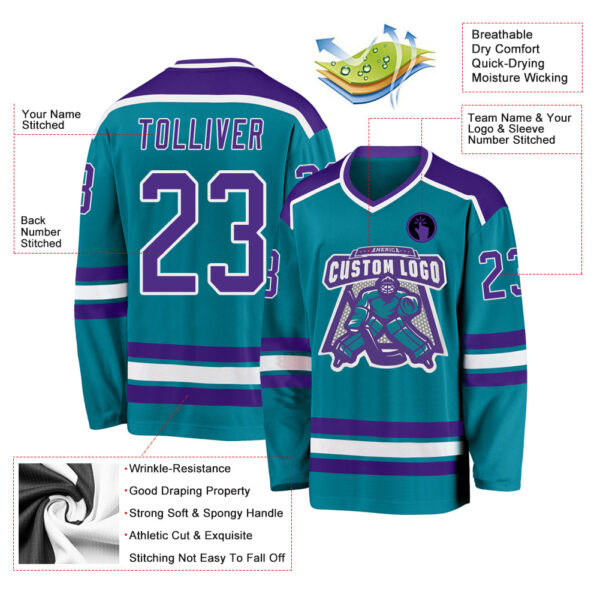 Custom Teal Purple-White Hockey Jersey - Image 3
