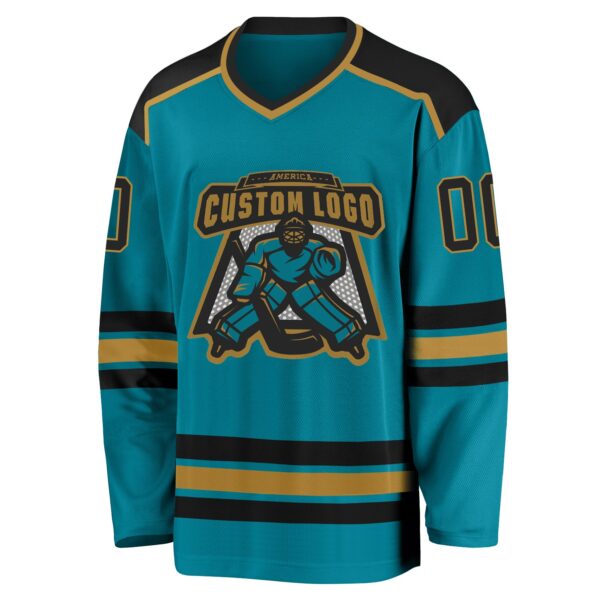 Custom Teal Black-Old Gold Hockey Jersey - Image 2