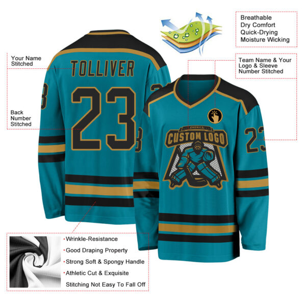 Custom Teal Black-Old Gold Hockey Jersey - Image 3