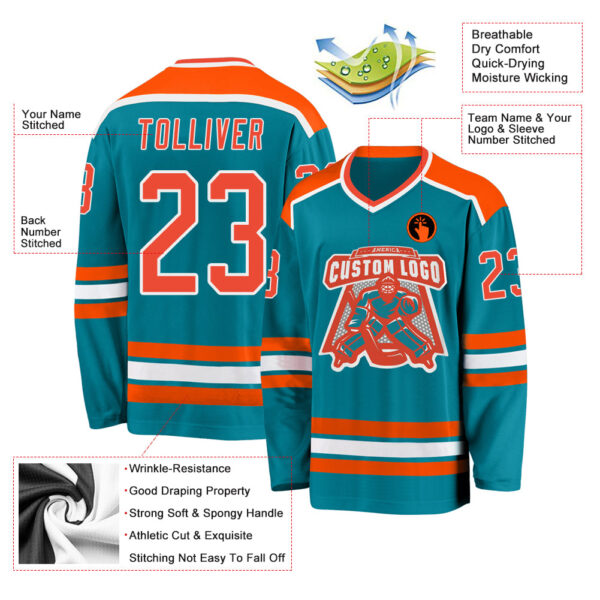 Custom Teal Orange-White Hockey Jersey - Image 3