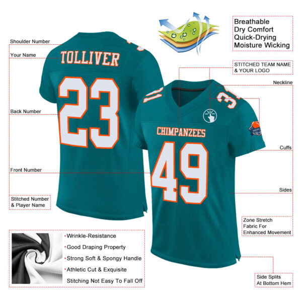 Custom Teal White-Orange Mesh Authentic Football Jersey - Image 2