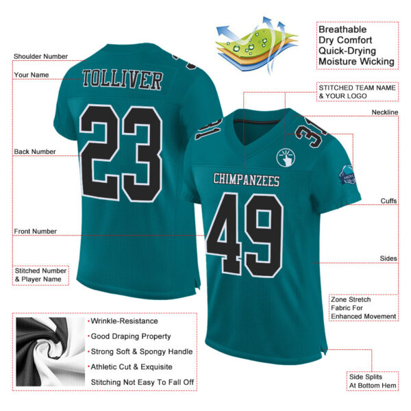 Custom Teal Black-White Mesh Authentic Football Jersey - Image 2