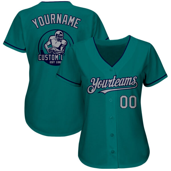 Custom Teal Gray-Navy Authentic Baseball Jersey - Image 2