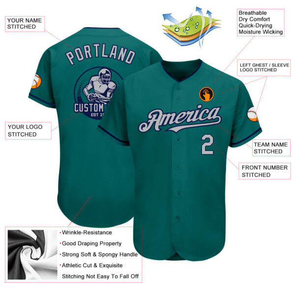 Custom Teal Gray-Navy Authentic Baseball Jersey - Image 3