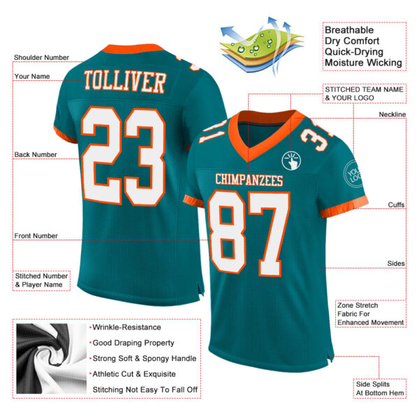 Custom Teal White-Orange Mesh Authentic Football Jersey - Image 2