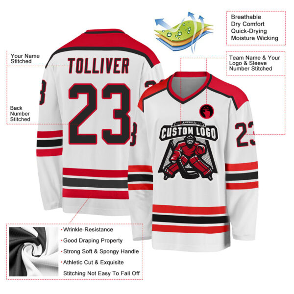 Custom White Black-Red Hockey Jersey - Image 3