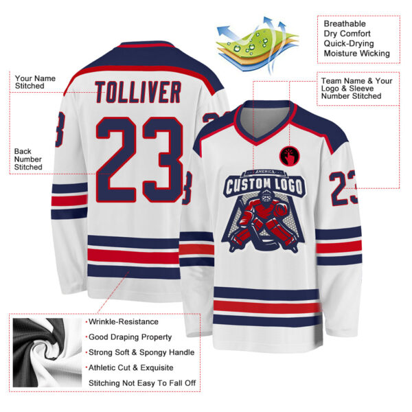 Custom White Navy-Red Hockey Jersey - Image 3