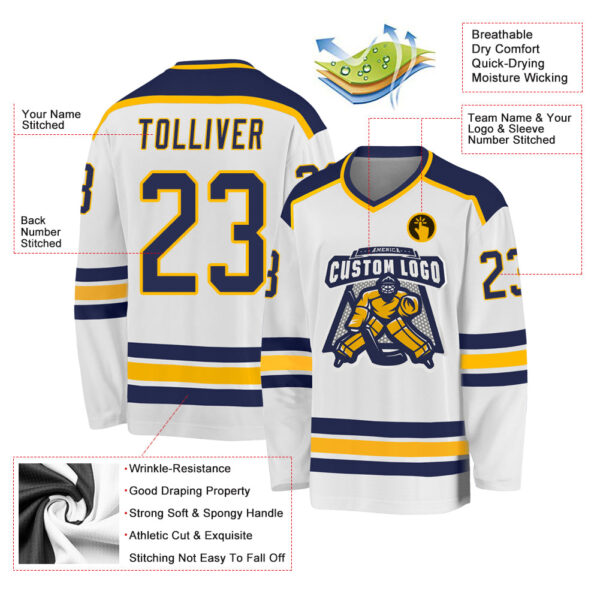 Custom White Navy-Gold Hockey Jersey - Image 3