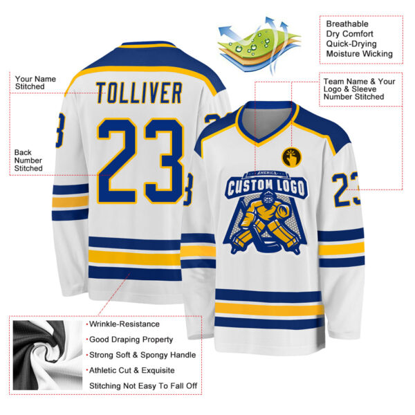 Custom White Royal-Gold Hockey Jersey - Image 3
