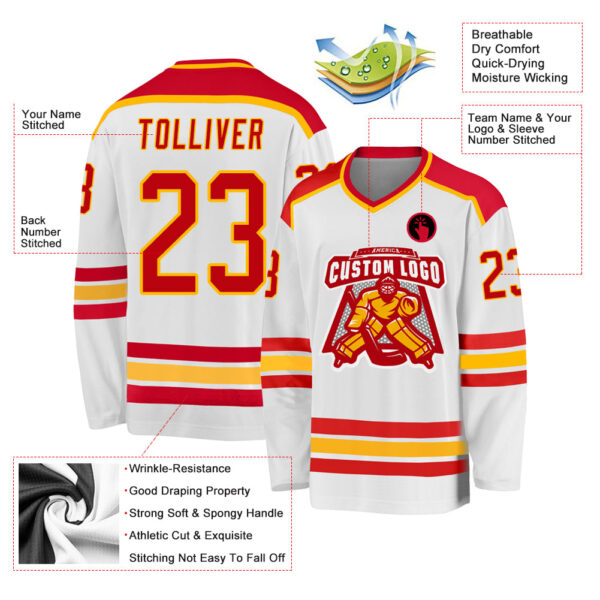 Custom White Red-Gold Hockey Jersey - Image 3